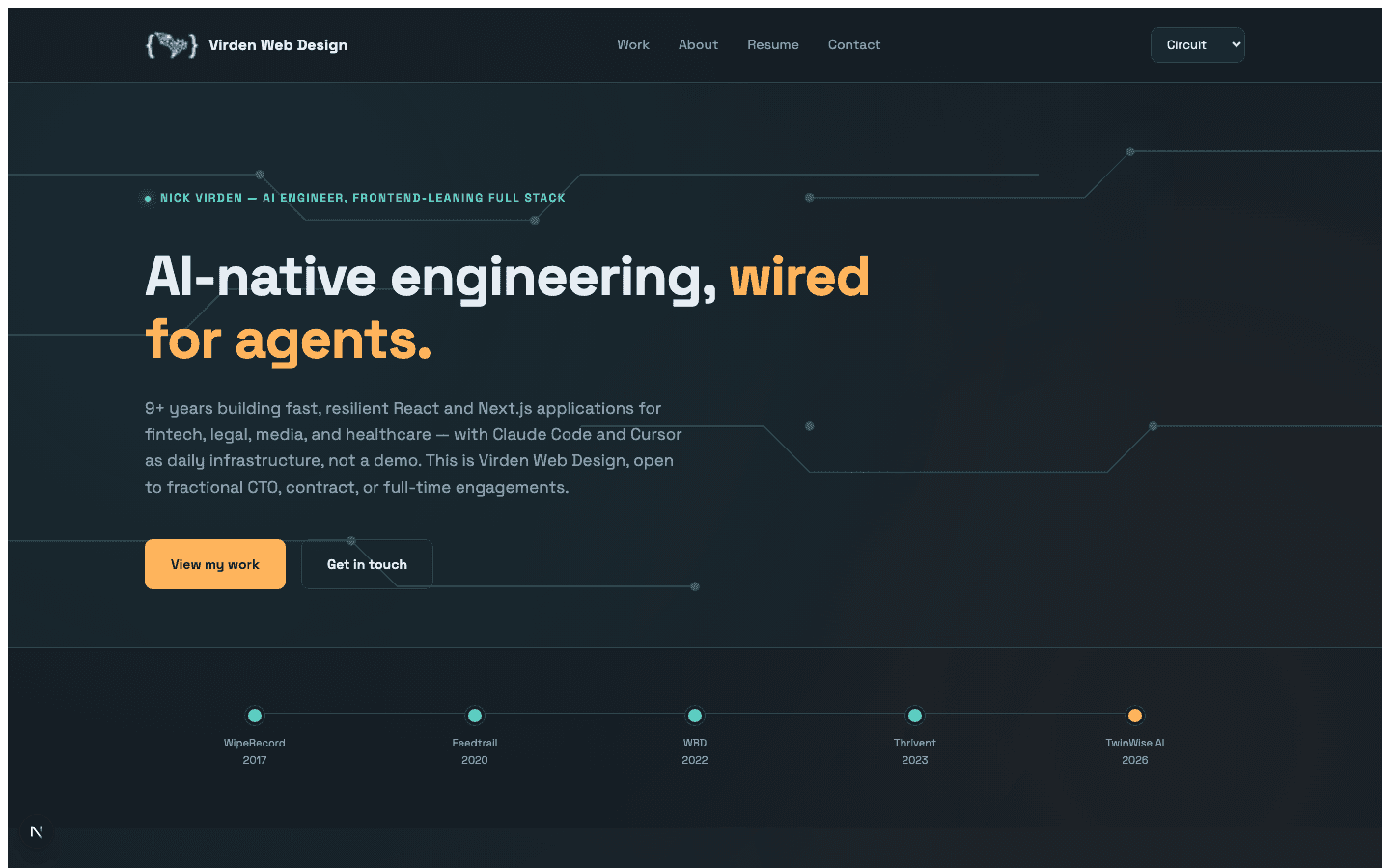 Circuit theme homepage: dark slate background, circuit-board motif